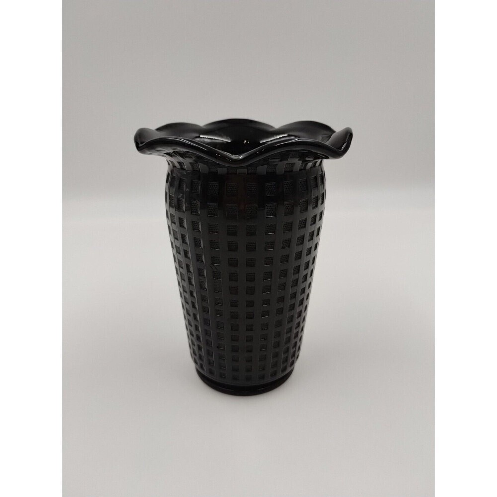Vintage Ebony Black  Vase 5.5" Tall VGC Basket Weave Scallop Ruffle Top